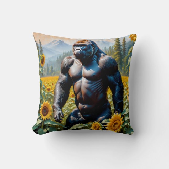 Coussin Gorille Ape Dans Un Champ De Tournesol (Recto)