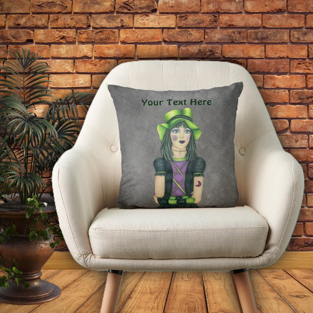 Coussin Goth Girl Green Casquette tatouages sur Grey (PRetty goth girl green hat black dress tattoos on dark grey throw decorative pillow.)