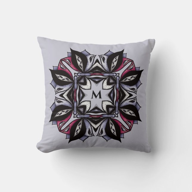 Coussin Goth Monogramme noir violet gothique Mandala (Recto)