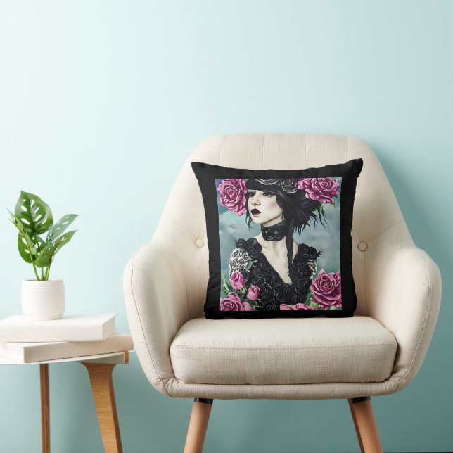 Coussin Goth Rose Girl Art original Peinture numérique (Chaise)