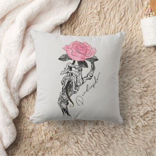 Coussin Goth Squelette Main Avec Rose Rose Rose   Décès à 