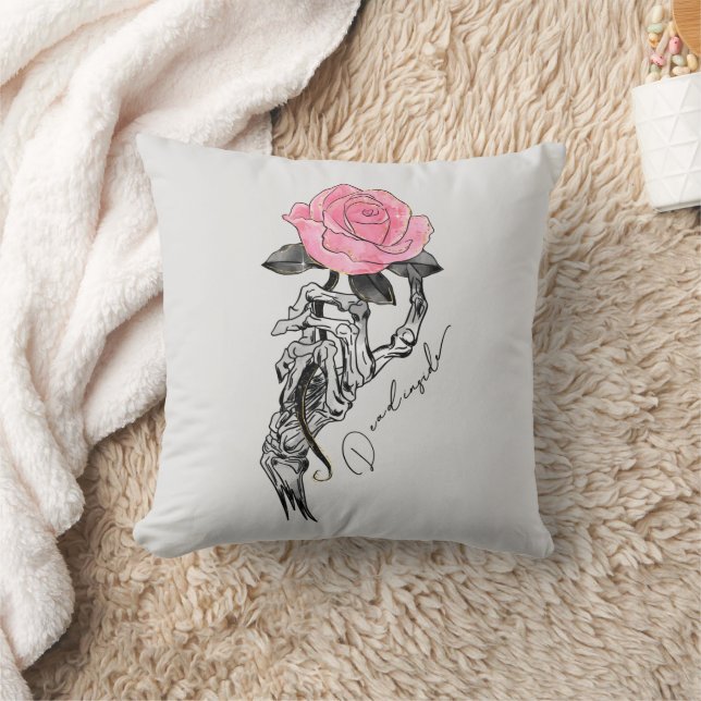 Coussin Goth Squelette Main Avec Rose Rose Rose | Décès à  (Couverture)