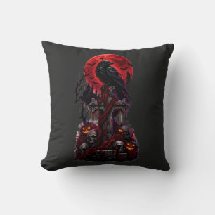 Coussin Gothic Halloween Corbeau Cimetière Hanté Citrouill