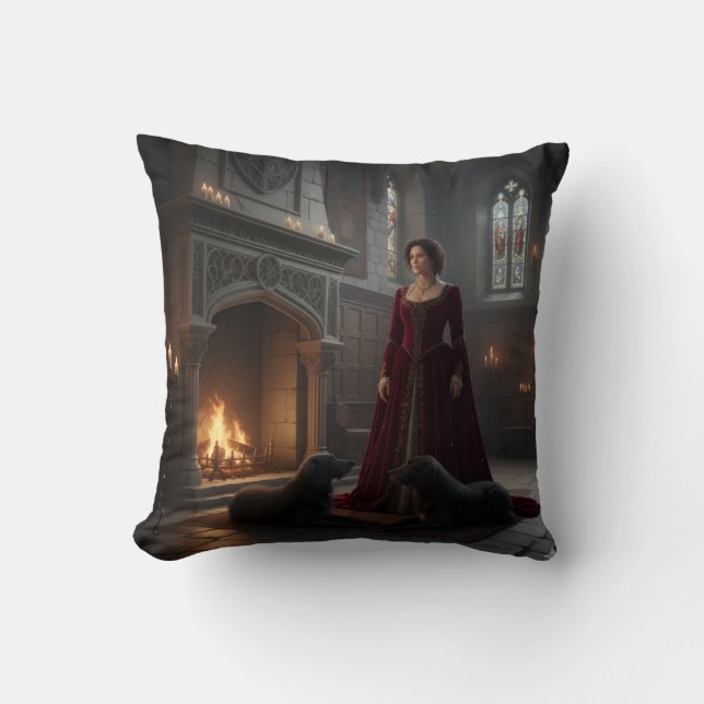 Coussin Gothic Medieval Maiden In Castle with Dogs (Recto)