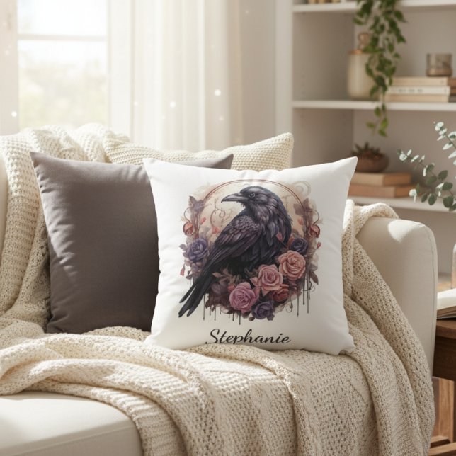 Coussin Gothic Raven Floral Dark Academia (Raven with roses personalized pillow)