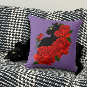 Coussin Gothique Chat Noir Roses Rouges Violet