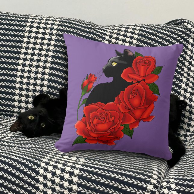 Coussin Gothique Chat Noir Roses Rouges Violet (Créateur téléchargé)