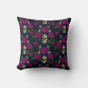 Coussin Gothique foncé Grungy Vins Roses Corbeau crâne ros