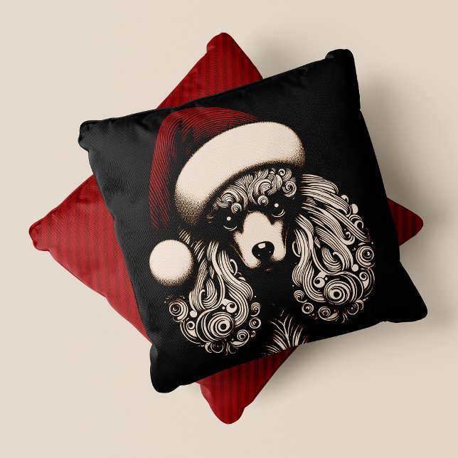 Coussin Gothique Vintage style canicule de Noël (Gothic Vintage Style Christmas Poodle Throw Pillow - Front & Back View)