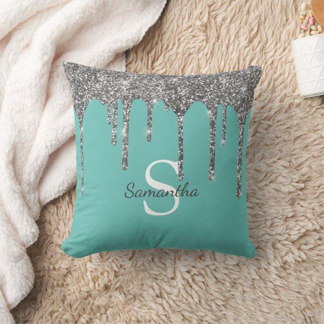 Coussin Gouttes de paillettes d'argent Monogramme de nom s (Couverture)