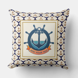 Coussin Gouvernail de bateau nautique et motif d'ancre ble