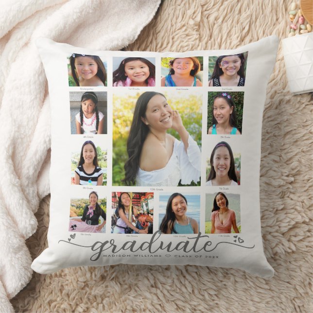 Coussin Graduation blanche K-12 Modern Script Photo Collag (Couverture)