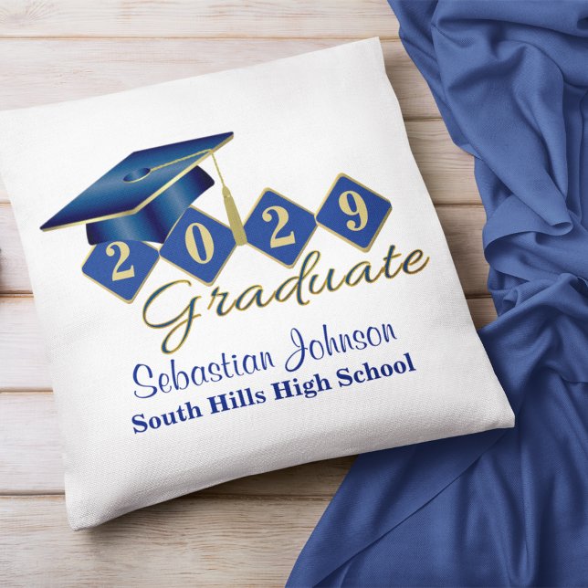 Coussin Graduation personnalisée Bleu & Or (Personalized Graduation Blue & Gold Throw Pillow)