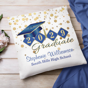 Coussin Graduation personnalisée Blue & Gold Confetti