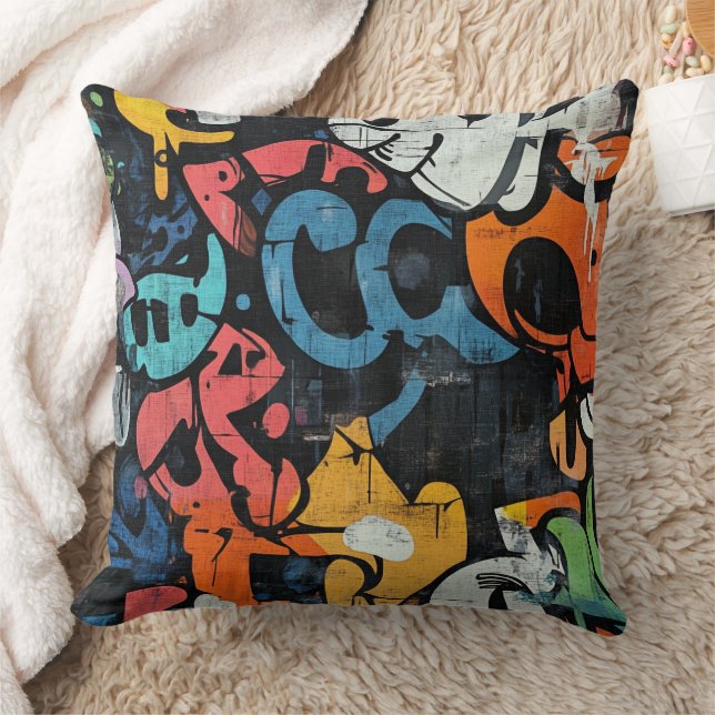 Coussin Graffiti Abstrait Contemporain Rose Bleu Noir (Couverture)