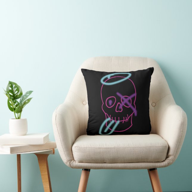 Coussin Graffiti crâne - rose, violet, bleu et noir (Chaise)