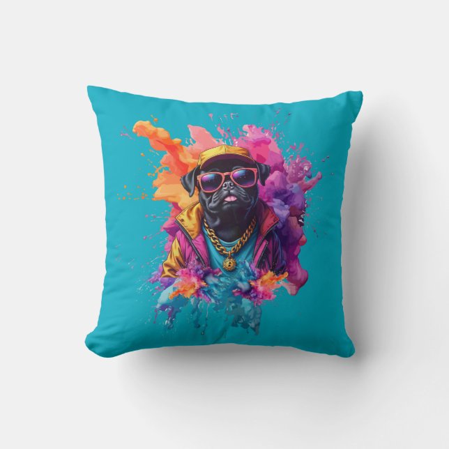 Coussin "Graffiti Pug Throw Pillow – Urban Street Art Dog  (Recto)