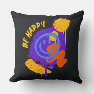 Coussin Graffiti Smiley Coloré Art de Rue Bonheur