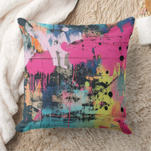 Coussin Graffiti vibrant éclaboussure de peinture rose jau