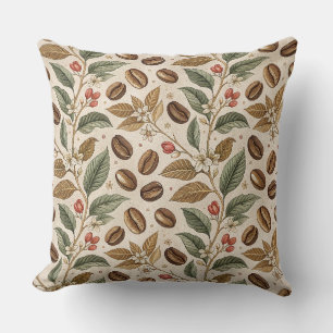 Coussin Grains de café torréfiés vintage et motif de fleur