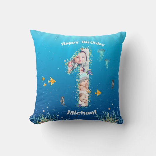 Coussin Grand 1er anniversaire sous la mer Photo Collage (Recto)