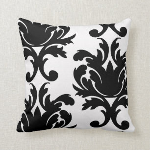 Coussin grand damassé blanc et noir gras