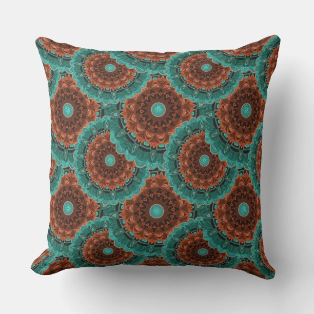 Coussin Grand Fleur Turquoise Brown Motif orange (Recto)