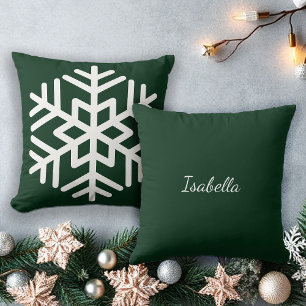 Coussin Grand flocon blanc sur monogramme vert forêt