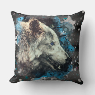 Coussin *~* Grand loup Totem bleu Abstrait Polyester Boho