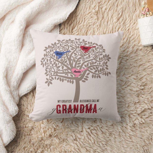 Coussin Grand-mère Cadeau de petits-enfants 3 oiseaux arbr (Couverture)
