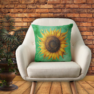 Coussin Grand tournesol jaune pétales ornés nuances de ver