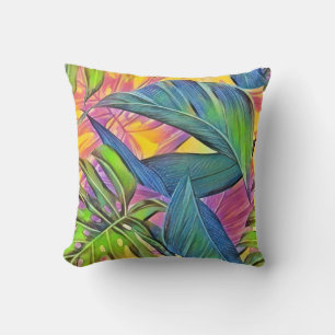 Coussin Grande aquarelle feuille tropicale colorée