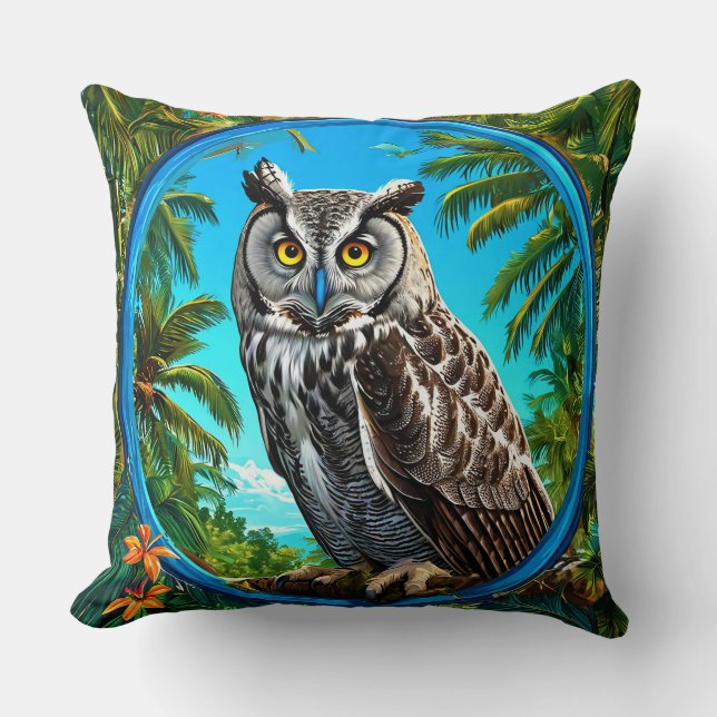 Coussin Grande chouette grise florale faune oiseau parmi l (Recto)
