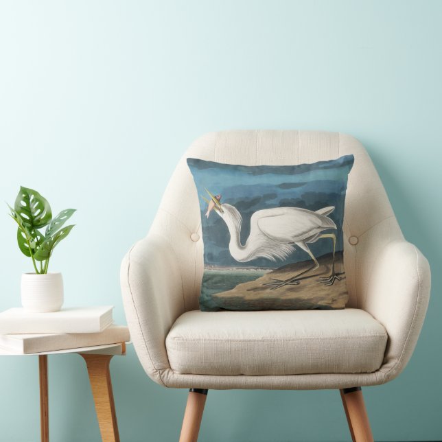 Coussin Grande Peinture de la faune d'Audubon Heron blanc (Chaise)
