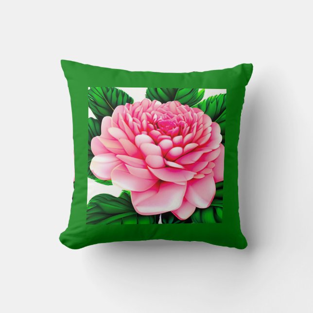 Coussin Grande pivoine rose avec Feuilles vert émeraude (Recto)