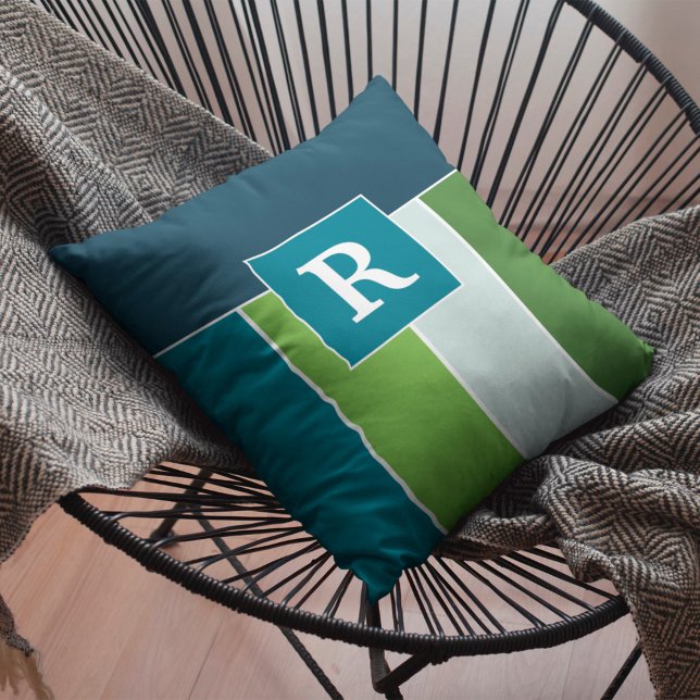 Coussin Grandes bandes en bleu et vert avec Monogrammes (Créateur téléchargé)