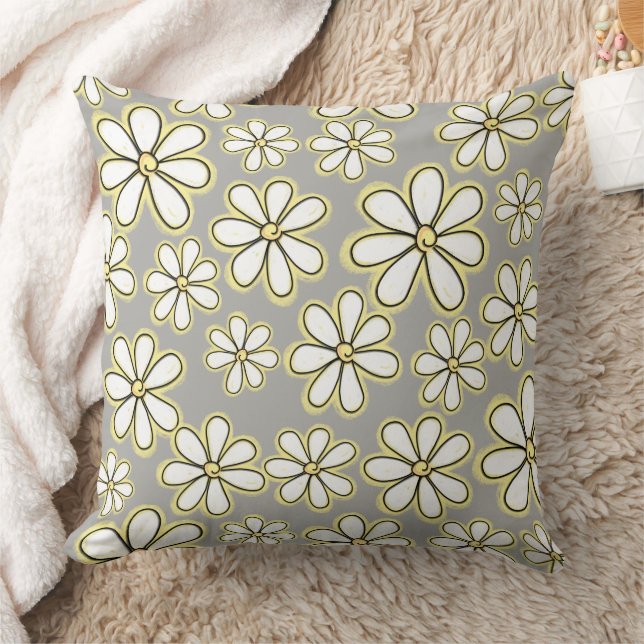 Coussin Grandes Fleurs Jaunes Blancs Sur Motif Gris (Couverture)