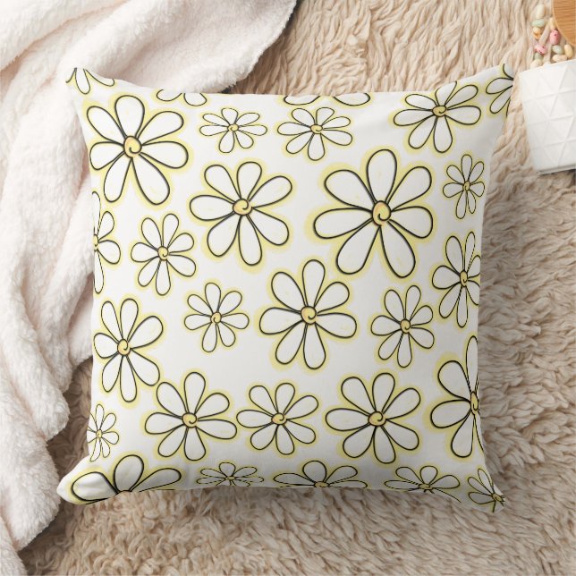Coussin Grandes Fleurs Jaunes Faisées Sur Motif Blanc (Couverture)