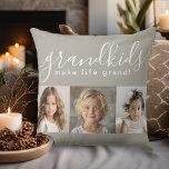 Coussin Grandkids Make Life Grand avec 3 photos<br><div class="desc">Un cadeau attentionné que les grands-parents vont chérir, ce design coussin personnalisé dispose d'un 3 modèle photo pour personnaliser avec des photos des petits-enfants. Une combinaison d'écriture manuscrite moderne combinée à une police sans serif moderne épelle "petits-enfants rendent la vie grandiose !" L'arrière - plan est un beige taupe neutre,...</div>