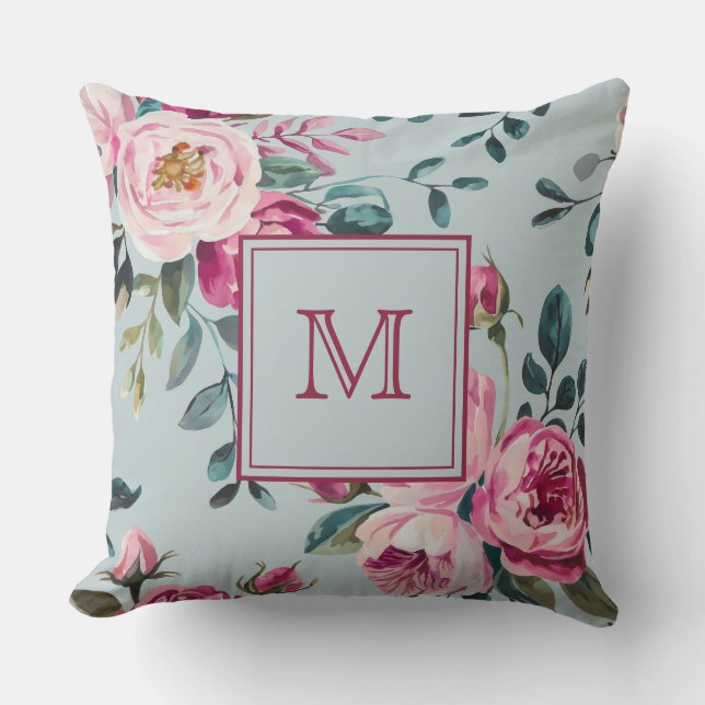 Coussin Grandmillennial Rose Poussiéreuse Florale Monogram (Recto)