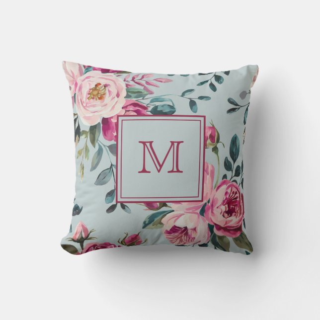 Coussin Grandmillennial Rose Poussiéreuse Florale Monogram (Recto)