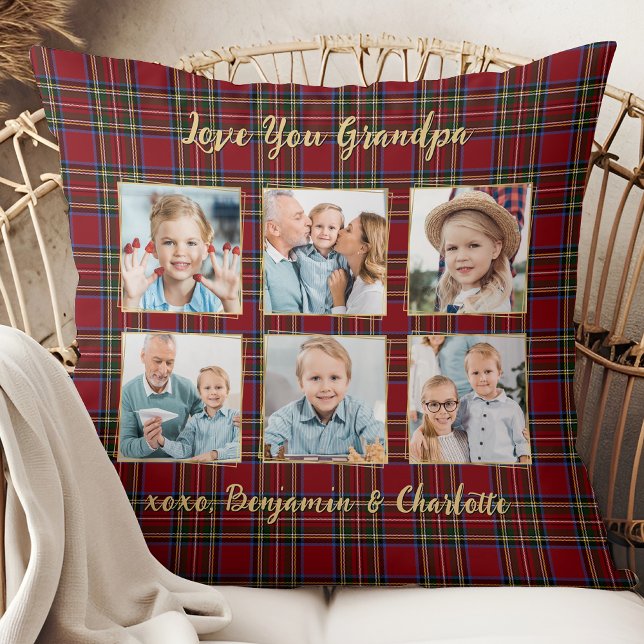Coussin Grandpa Holiday Plaid Custom 6 Photo Collage (Créateur téléchargé)