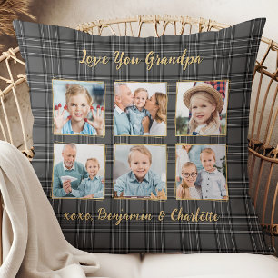 Coussin Grandpa Plaid Custom Grey Gold Photo Collage