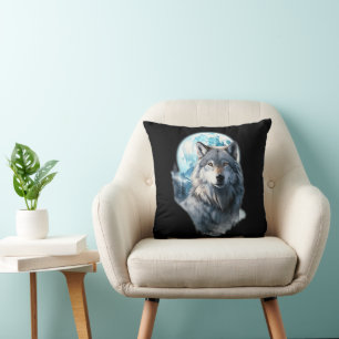 Coussin Graphique de la Lune du Loup Hurleur, sous la Nuit