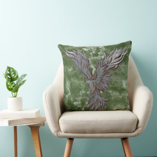 Coussin Graphique de l'oiseau phénix gris volant