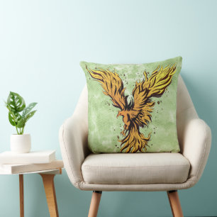 Coussin Graphique d'oiseau phénix doré volant
