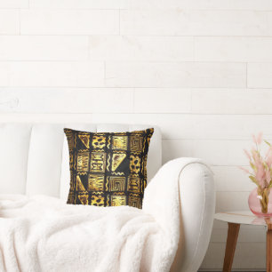 Coussin Graphique tribal de tissu de boue en or