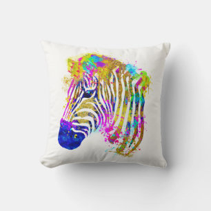 Coussin Graphique Zèbre Éclaboussure Aquarelle Arc-en-ciel