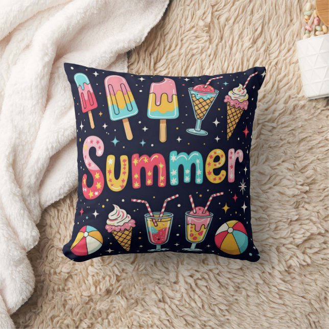Coussin Graphiques d'été amusants sur fond noir (Couverture)