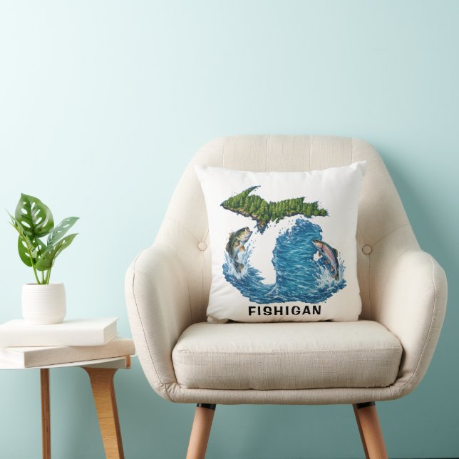 Coussin Graphisme de l'État du Michigan avec Poisson (Chaise)